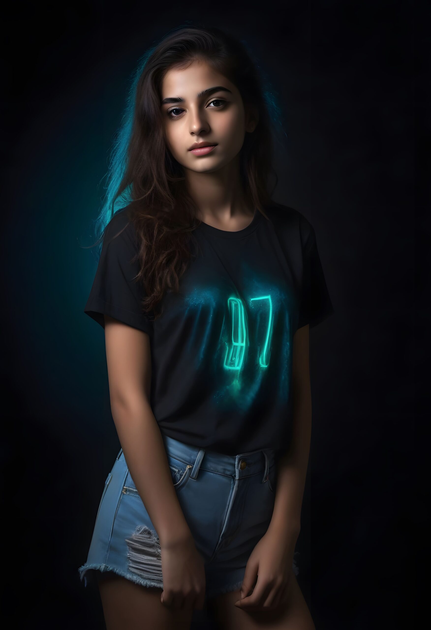 garota vestindo camiseta com estampa que brilha no escuro